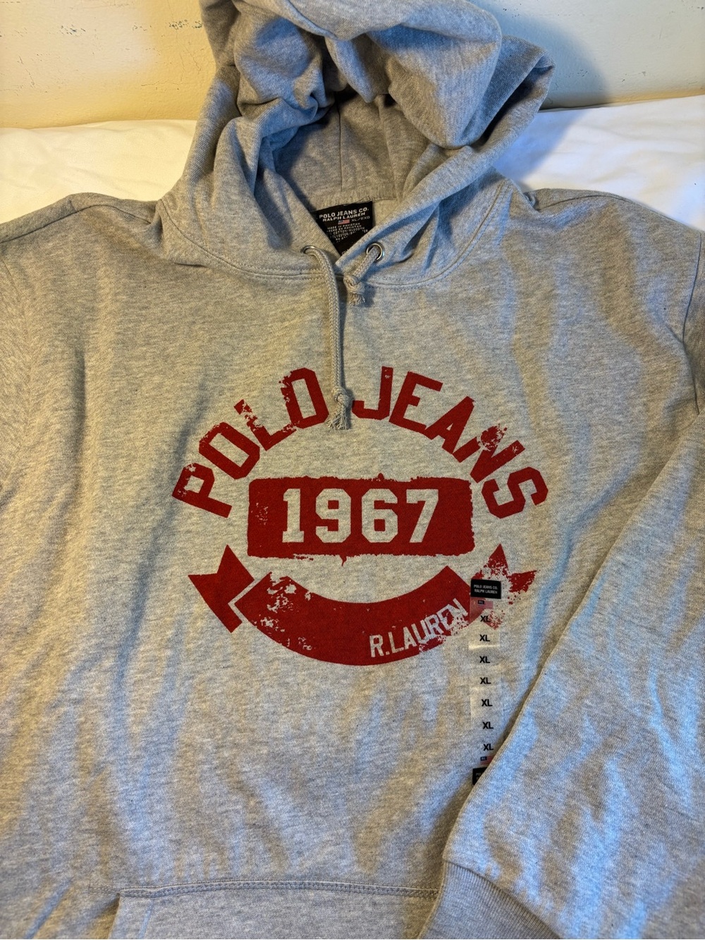 Ralph Lauren Gray Hoodie with Distressed Red '1967' Polo Jeans Graphic size XL